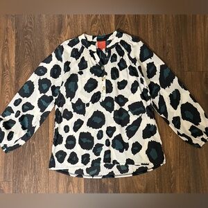 Tracy Negoshian Black, White & Dark Teal Patterned Blouse